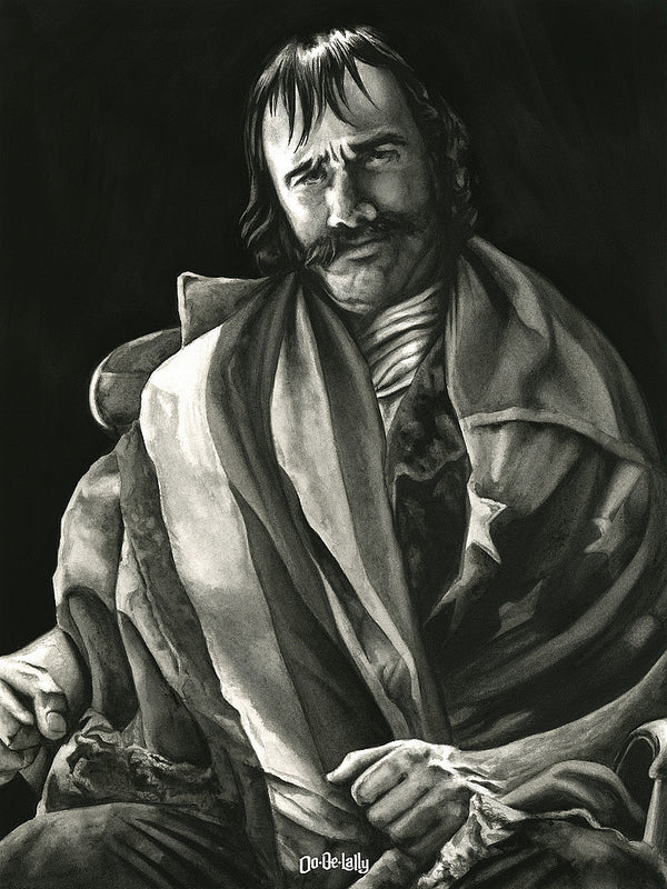 A black and white portrait by Jayson Weidel features a man with long hair and a mustache, draped in an American flag-like cloak. His contemplative gaze captures the essence of Scorseses art, set against a dark background highlighting the depth of film preservation.