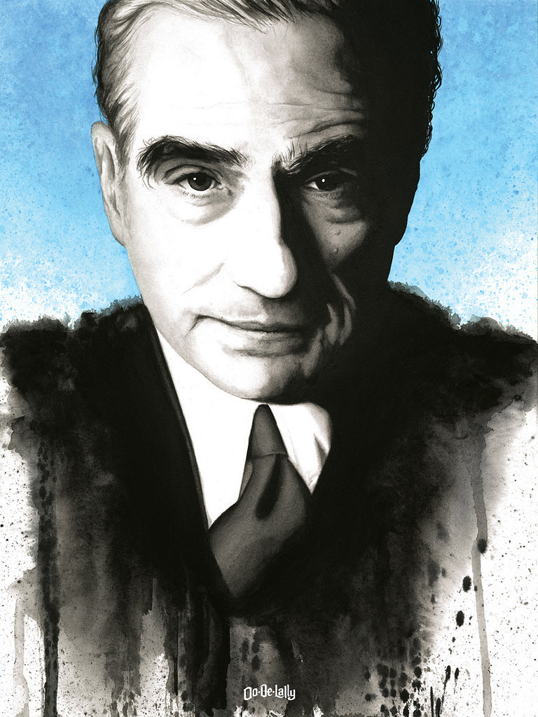 Jayson Weidels striking piece features an older man in a suit with a confident expression, reminiscent of The Godfather of Crime. With watercolor effects on a light blue and white background, shadows add depth and moodiness to this artwork showcased at the Spoke Art gallery.