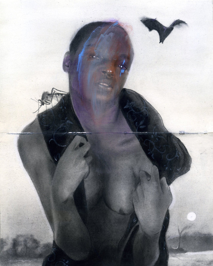 This surreal artwork, echoing Jean-Paul Mallozzis style, features a figure with a partly purple face looking skyward. A spider rests on their shoulder, and a bat flies through the misty landscape in The Summoning, all beautifully enhanced by its custom frame.