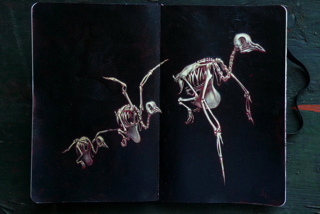 A sketchbook shows skeletal, bird-like figures in flight against a dark background, echoing Jean Labourdettes eerie style. Their intricate bones and wings evoke the haunting essence of Dead Messenger, creating an artistic and ghostly scene.
