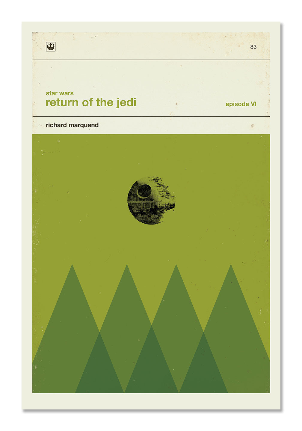 Concepcion Studios digital print poster for Star Wars: Return of the Jedi features a minimalist design with a green background, showcasing the Death Star over stylized trees. Highlighted text includes Episode VI, and director Richard Marquand.