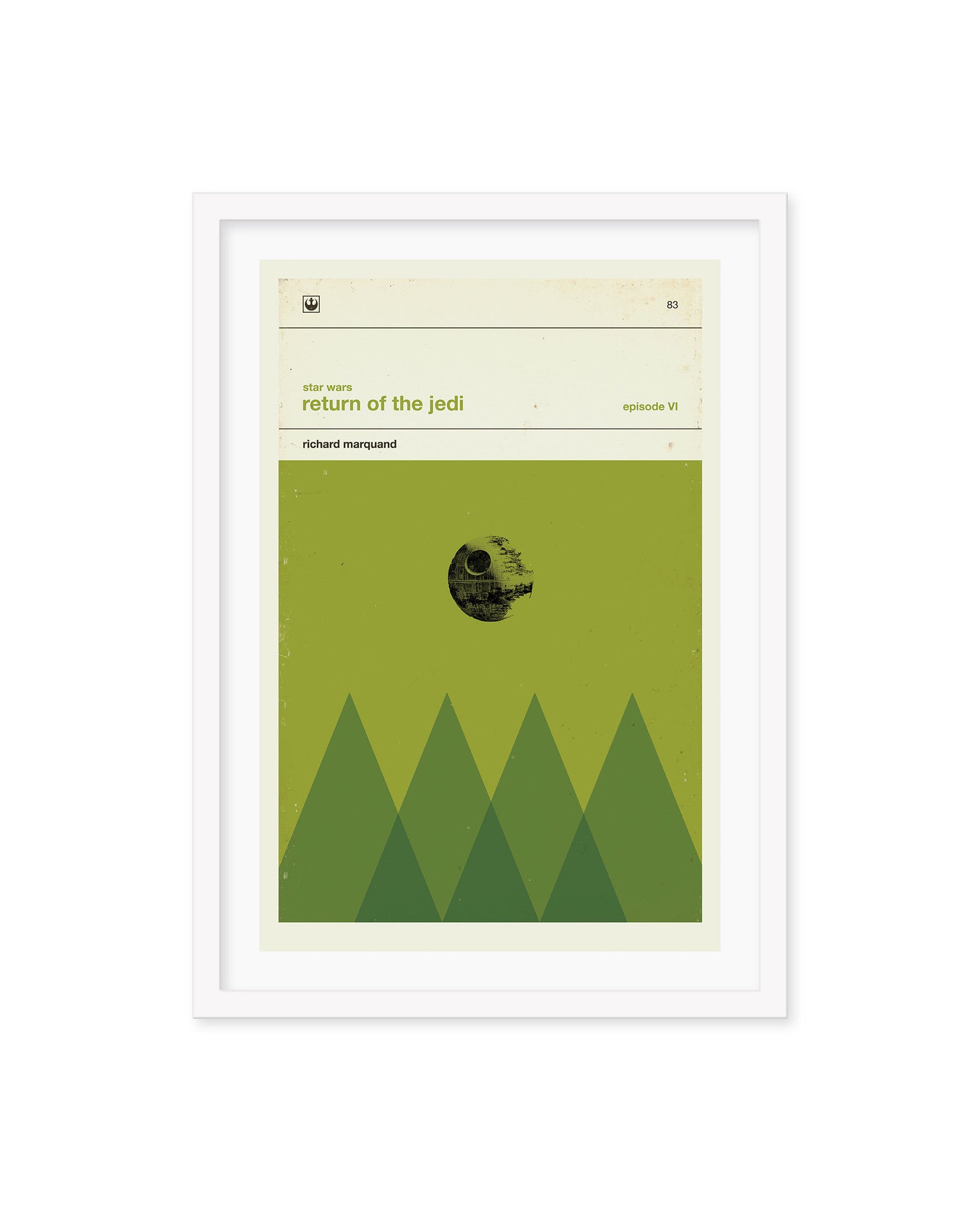 Concepcion Studios minimalist Return of the Jedi digital print features a green backdrop, geometric trees, an incomplete Death Star, and includes the title, episode number, and directors name. It is framed with a sleek white border.