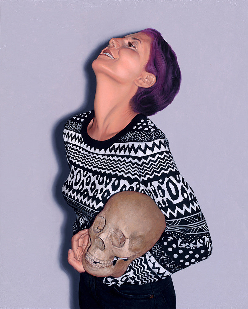 In Jeff Ramirezs oil on wood panel, a person with purple hair joyfully tilts their head back while holding a skull, wearing a patterned black and white sweater against a plain light gray background.