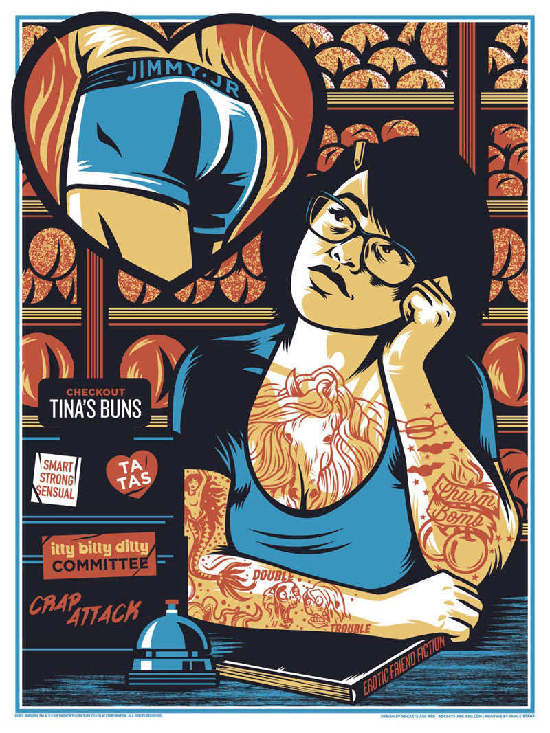 A tattooed woman with glasses leans on a counter, surrounded by bakery-themed signs and items, in this screenprint by Jeffrey Everett/Rockets are Red. She appears contemplative, evoking Bobs Burgers, with Everetts signature touch highlighted by a bell on the counter near her.