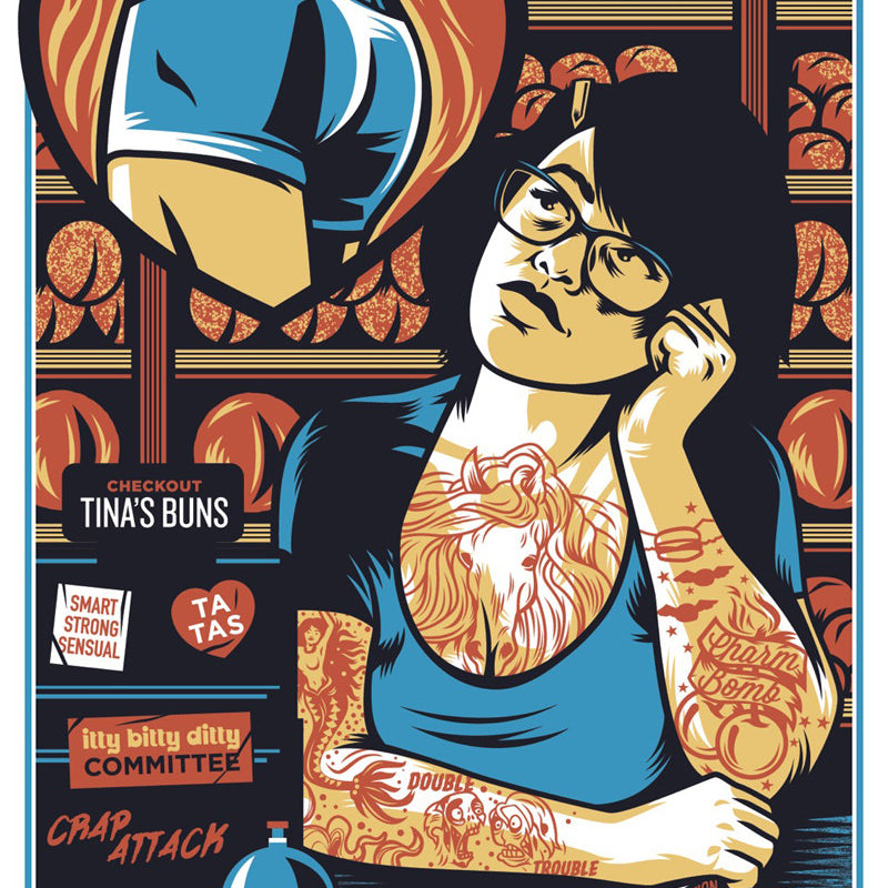 A tattooed woman with glasses leans on a counter, surrounded by bakery-themed signs and items, in this screenprint by Jeffrey Everett/Rockets are Red. She appears contemplative, evoking Bobs Burgers, with Everetts signature touch highlighted by a bell on the counter near her.
