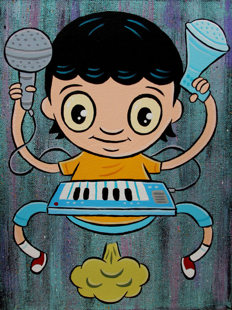 A wide-eyed cartoon child from Jellykoe, holding a microphone and salt shaker, plays a keyboard while standing on a mischievous cloud against a textured, multicolored background.