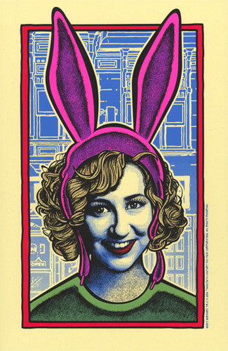 Jeremy Berkley presents a pop art illustration: a figure with curly hair wearing pink bunny ears set against a blue and yellow backdrop. The work features bold outlines and vibrant colors reminiscent of Bobs Burgers or a dynamic nine-color silkscreen.