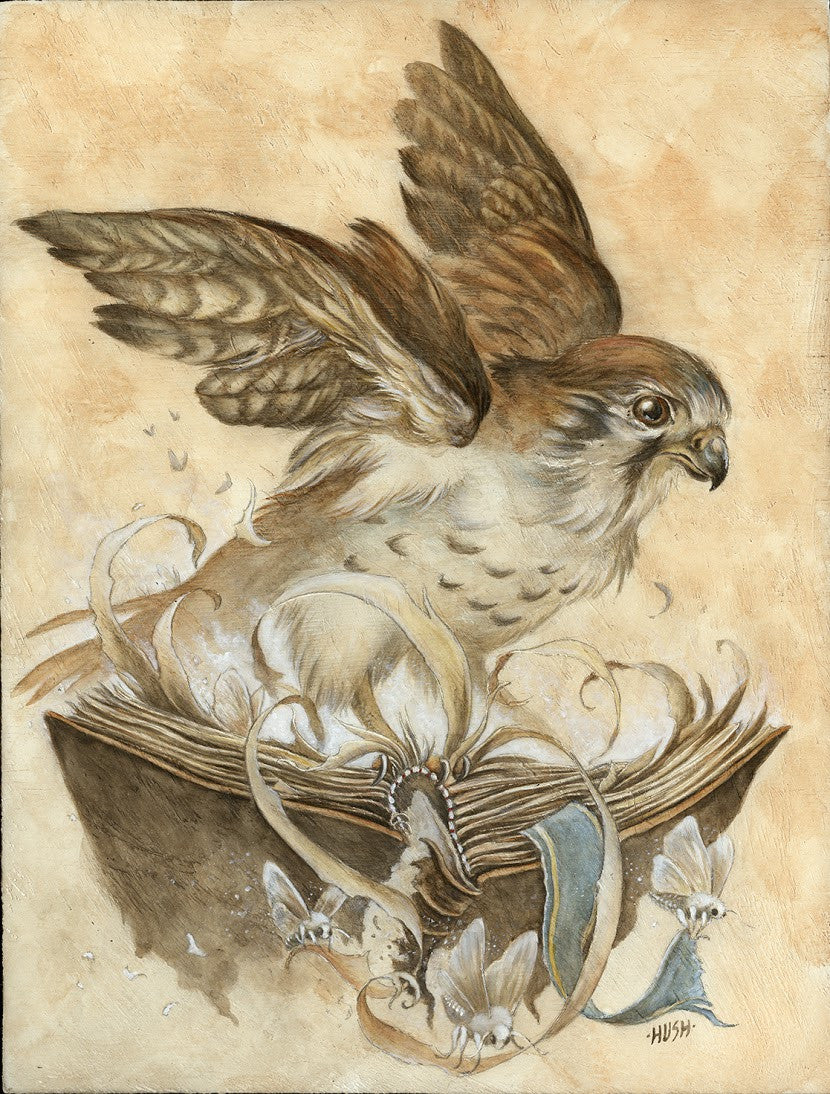 A bird with brown and white feathers, resembling a watercolor by Sarah Joncas, emerges from an open book amid swirling paper ribbons and moths, crafting a whimsical scene as if ready to fly from its Kestrel Roost.