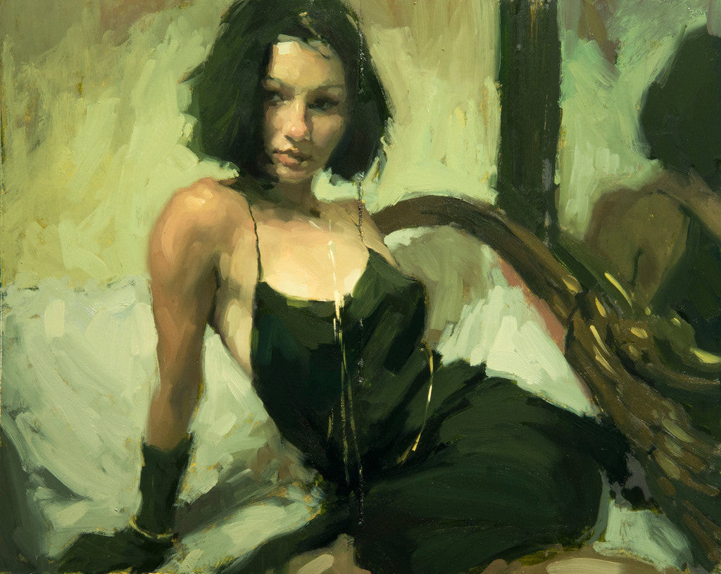 A digital artwork in the style of Jeremy Mann depicts a woman with short dark hair in a black sleeveless dress, reclining with one elbow on a surface and gazing slightly away, set against an abstract mix of earthy tones. This captivating piece is available for purchase.