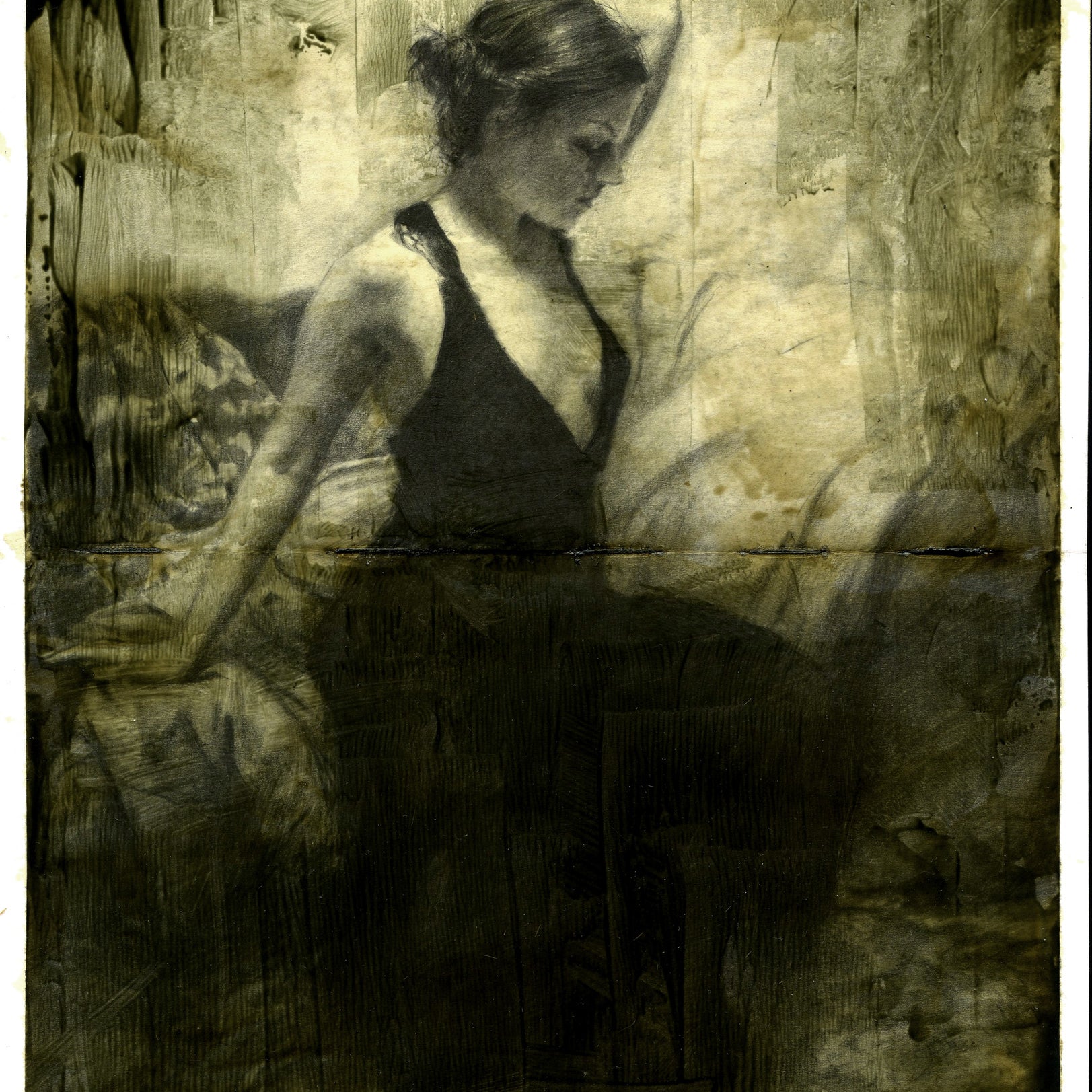 A monochrome painting in the style of Jeremy Mann shows a woman seated on a chair, gazing downward with her hair tied up and wearing a sleeveless dress. The textured background, crafted with graphite and oil on paper, gives the image a dreamy, nostalgic feel.