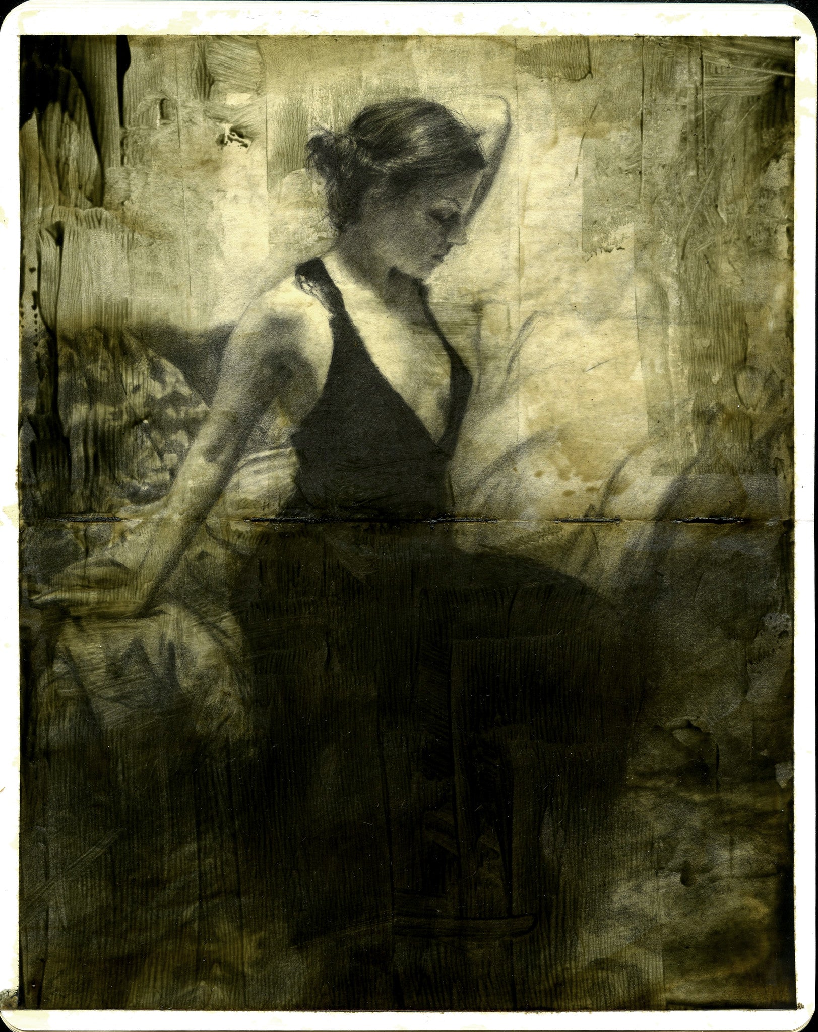 A monochrome painting in the style of Jeremy Mann shows a woman seated on a chair, gazing downward with her hair tied up and wearing a sleeveless dress. The textured background, crafted with graphite and oil on paper, gives the image a dreamy, nostalgic feel.