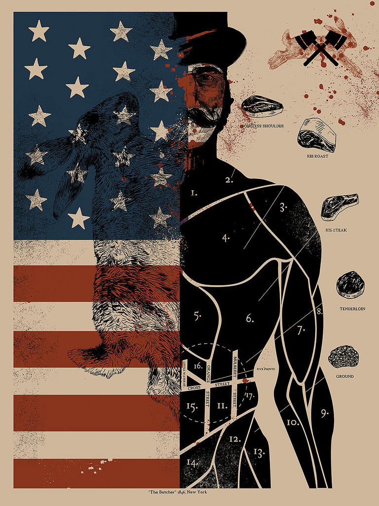 A limited edition screen print by Jessica Deahl features a butchers diagram blending a rabbit and a man over a stylized American flag. The body parts are labeled with meat cuts, and blood splatters decorate the right side, created for the Scorsese art show.