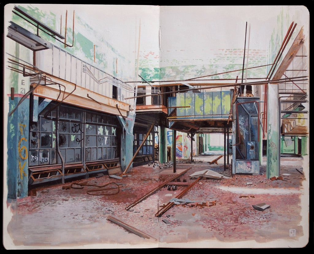A gouache painting by Jessica Hess depicts an abandoned industrial buildings interior with rusted beams, broken windows, and debris-laden floors. Light filters through openings, highlighting exposed cables. Its custom framed for an exquisite finish on Moleskine.