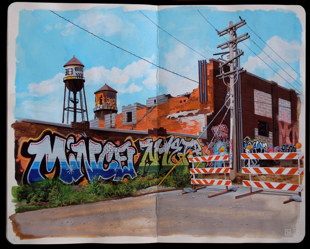 Vivid graffiti decorates an urban structure with a weathered water tower nearby, reminiscent of Detroit I by Jessica Hess. Orange-striped barriers line the road, under a clear blue sky. Power lines stretch across the scene like gouache brushstrokes on Moleskine.