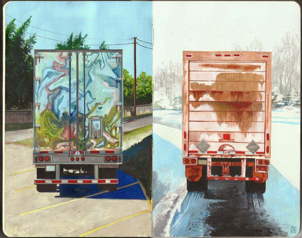 Jessica Hesss painting portrays a vivid scene: a colorful gouache and watercolor mural on the left truck in a sunny, green landscape, while the right truck appears rusty and abandoned on a muted, snowy road, echoing themes of everyday delivery moments.