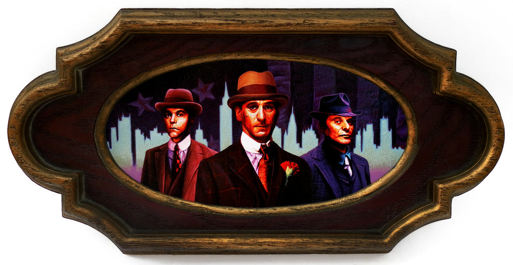 Three men in suits and hats pose against a cityscape with American flag elements, reminiscent of a Martin Scorsese scene. The JoKa image is framed in an ornate, vintage wood-carved oval, evoking the essence of Gangster Empire.