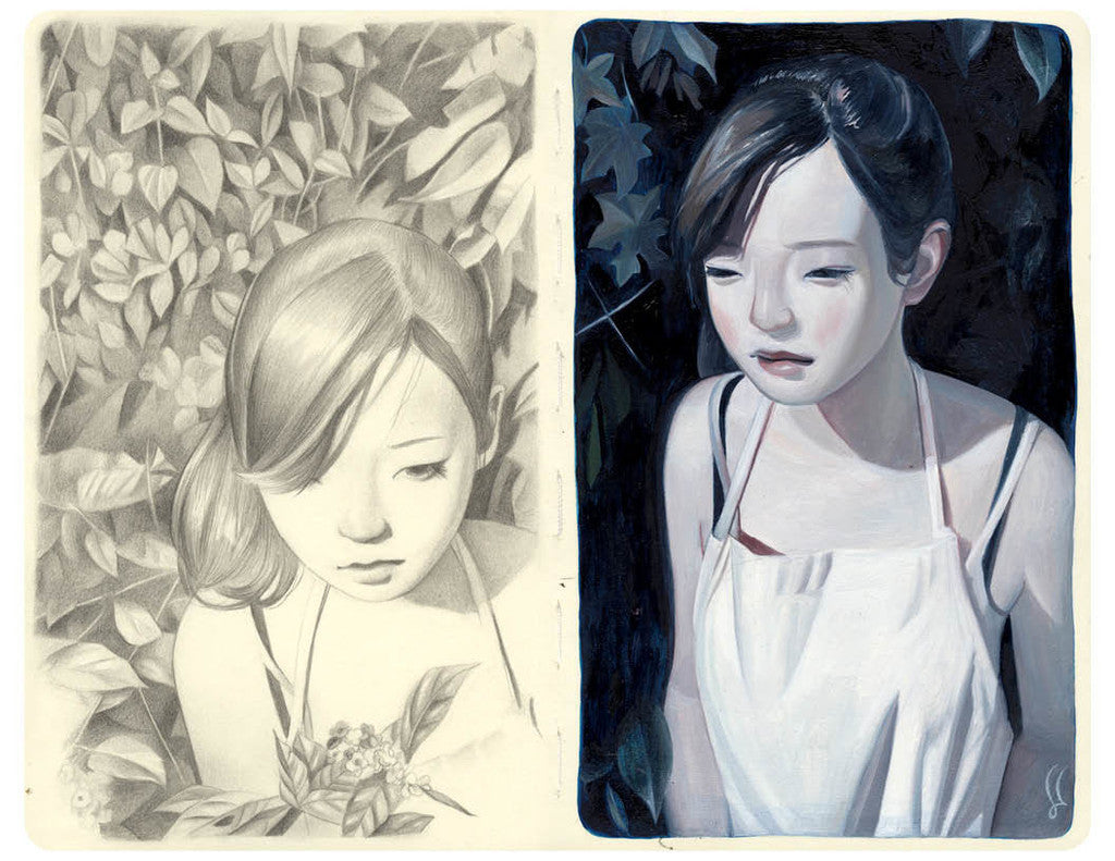 Joanne Nams artwork features a girl with a graphite sketch on the left, surrounded by leaves, and an oil-painted version on the right with realistic colors and shadows in a leafy background. She wears a white apron. It is custom framed to emphasize the transition from sketch to painting.