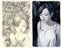 Joanne Nams artwork features a girl with a graphite sketch on the left, surrounded by leaves, and an oil-painted version on the right with realistic colors and shadows in a leafy background. She wears a white apron. It is custom framed to emphasize the transition from sketch to painting.