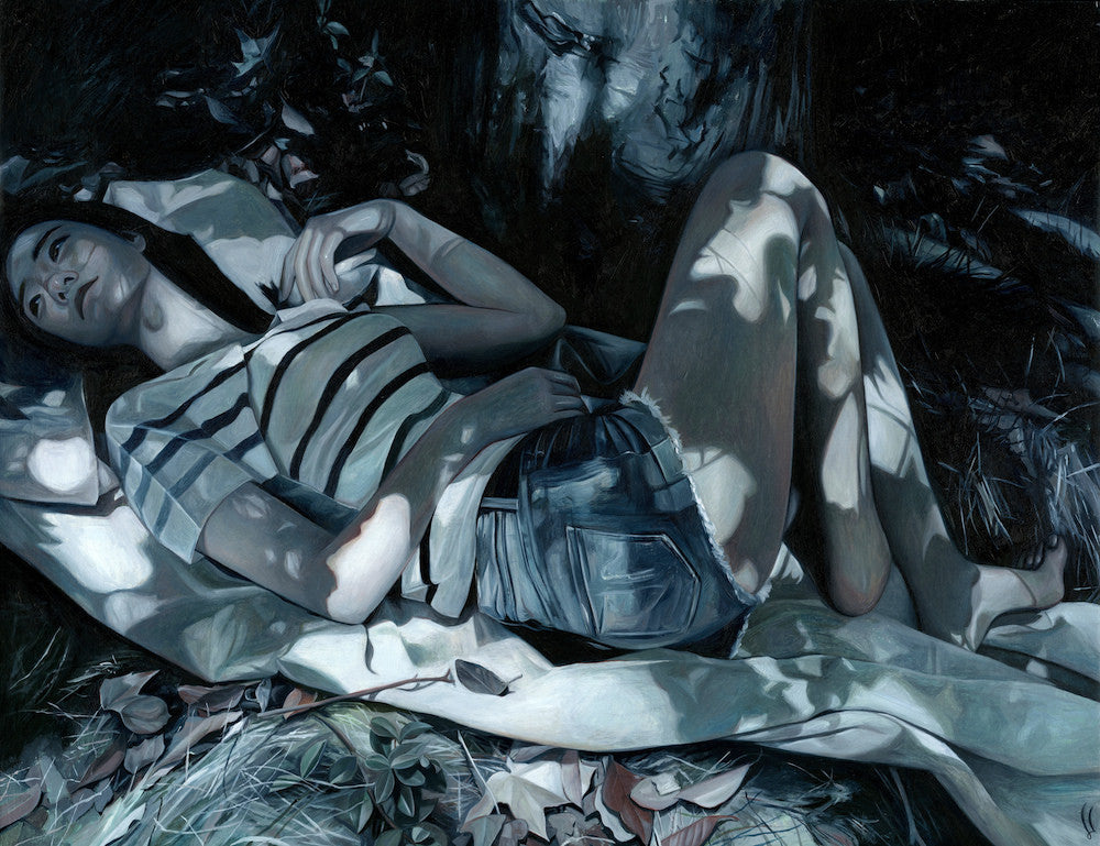 Wearing a striped shirt and denim shorts, a person lies on a blanket under dappled sunlight. Intricate shadows from the leaves create a serene mood, echoing an oil painting by Joanne Nam.