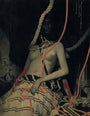 A surreal acrylic painting by João Ruas showcases a partially obscured figure with a dark face, an exposed upper body entangled in ropes, and adorned with abstract elements. It features a muted palette of beige, black, and intertwining red lines creating a symphonic effect.