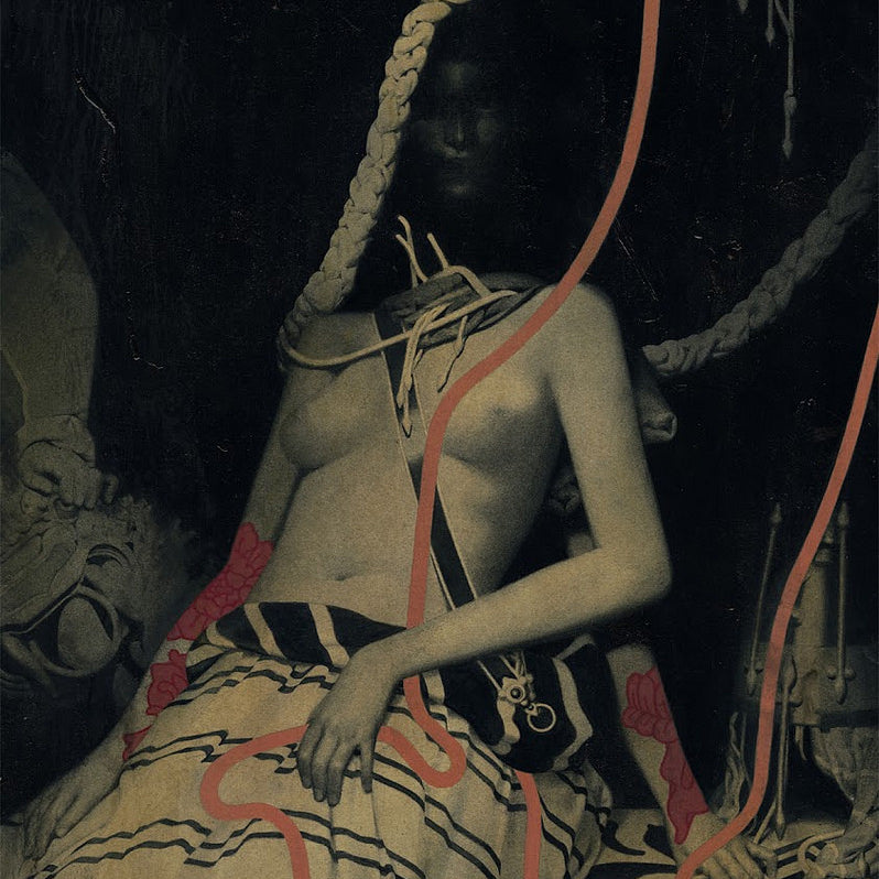 A surreal acrylic painting by João Ruas showcases a partially obscured figure with a dark face, an exposed upper body entangled in ropes, and adorned with abstract elements. It features a muted palette of beige, black, and intertwining red lines creating a symphonic effect.