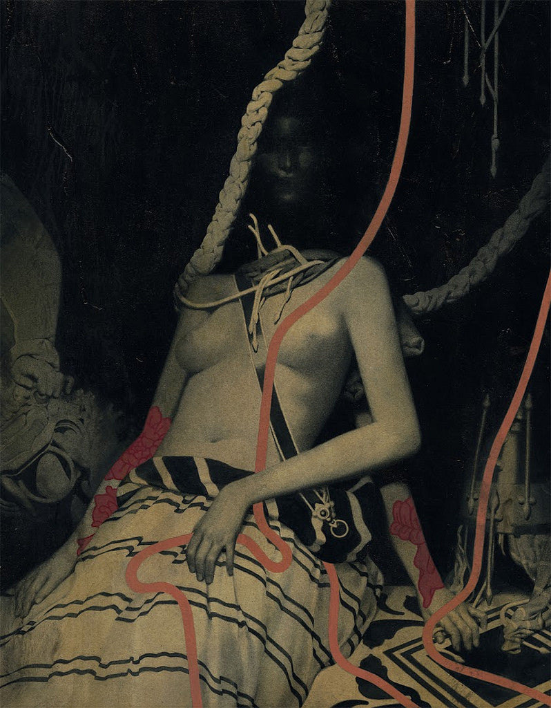 A surreal acrylic painting by João Ruas showcases a partially obscured figure with a dark face, an exposed upper body entangled in ropes, and adorned with abstract elements. It features a muted palette of beige, black, and intertwining red lines creating a symphonic effect.
