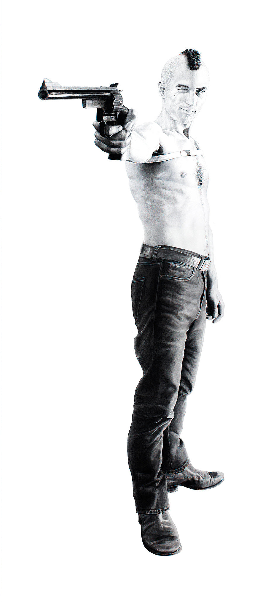 Joel Phillips presents a striking black-and-white illustration of a shirtless man with a mohawk, jeans, and boots, confidently pointing a gun at the viewer. This intense piece captures Traviss spirit, making it ideal for Spoke Art gallerys Scorsese show.