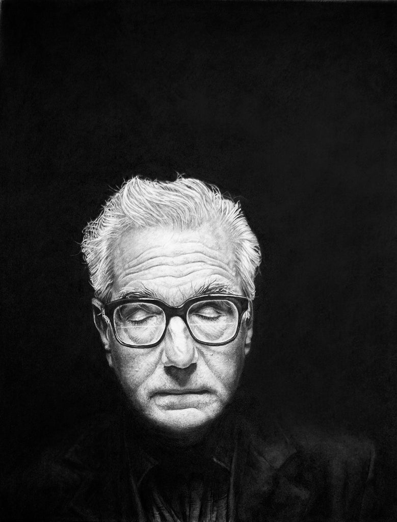 A black and white drawing by Joel Phillips depicts an older man with closed eyes, wearing thick-framed glasses and tousled white hair. Reminiscent of Martin Scorsese art, the dramatic dark background highlights the mans features, capturing his cinematic essence.