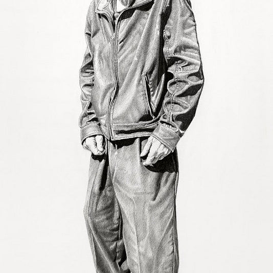 This captivating pencil sketch by Joel Phillips shows an older man in a cap, glasses, jacket, pants, and sneakers. Crafted with charcoal and graphite, he stands against a plain background with one hand in his pocket. Available for purchase.