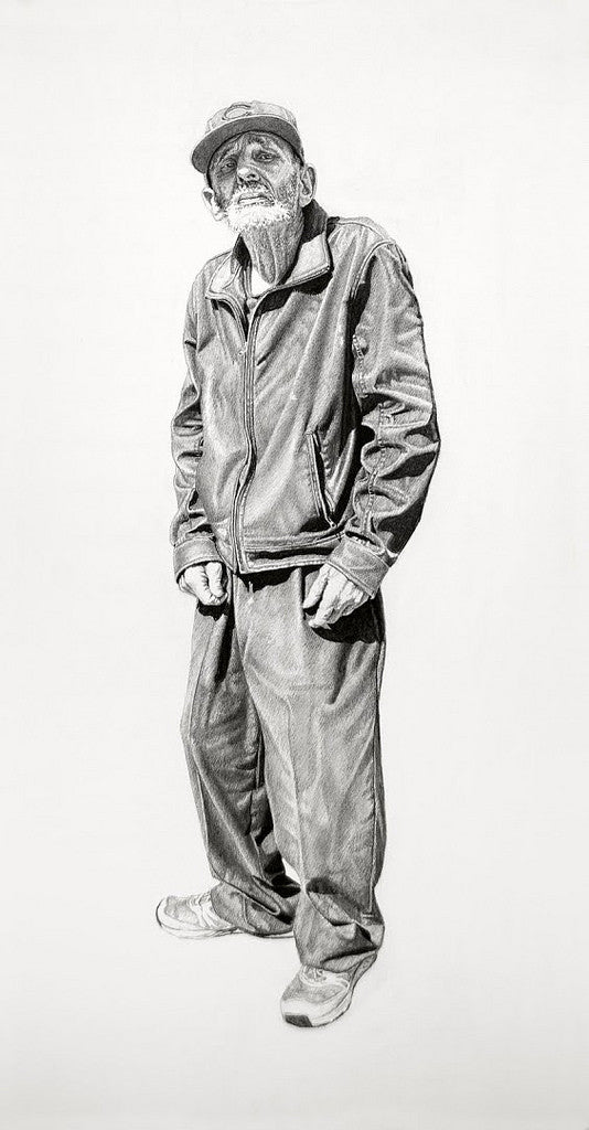This captivating pencil sketch by Joel Phillips shows an older man in a cap, glasses, jacket, pants, and sneakers. Crafted with charcoal and graphite, he stands against a plain background with one hand in his pocket. Available for purchase.