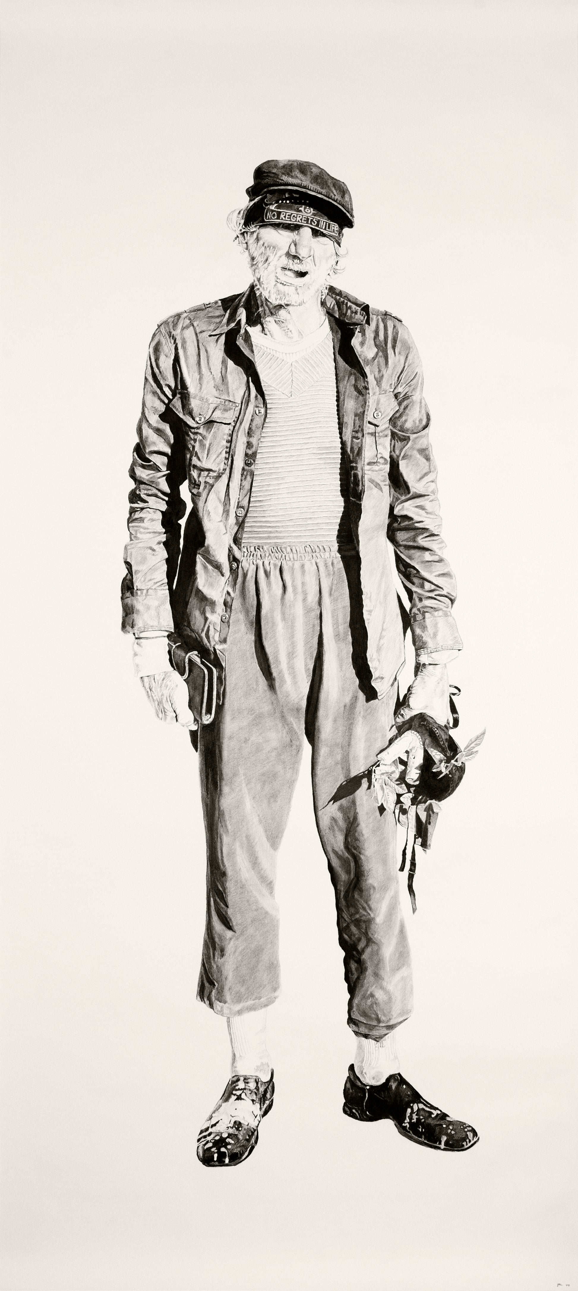 A monochromatic drawing from Joel Phillips captures an elderly man in a cap, jacket, and loose pants. Holding a small figurine and a book, his detailed posture is beautifully rendered with charcoal and graphite, reflecting the style seen at San Francisco art fairs.
