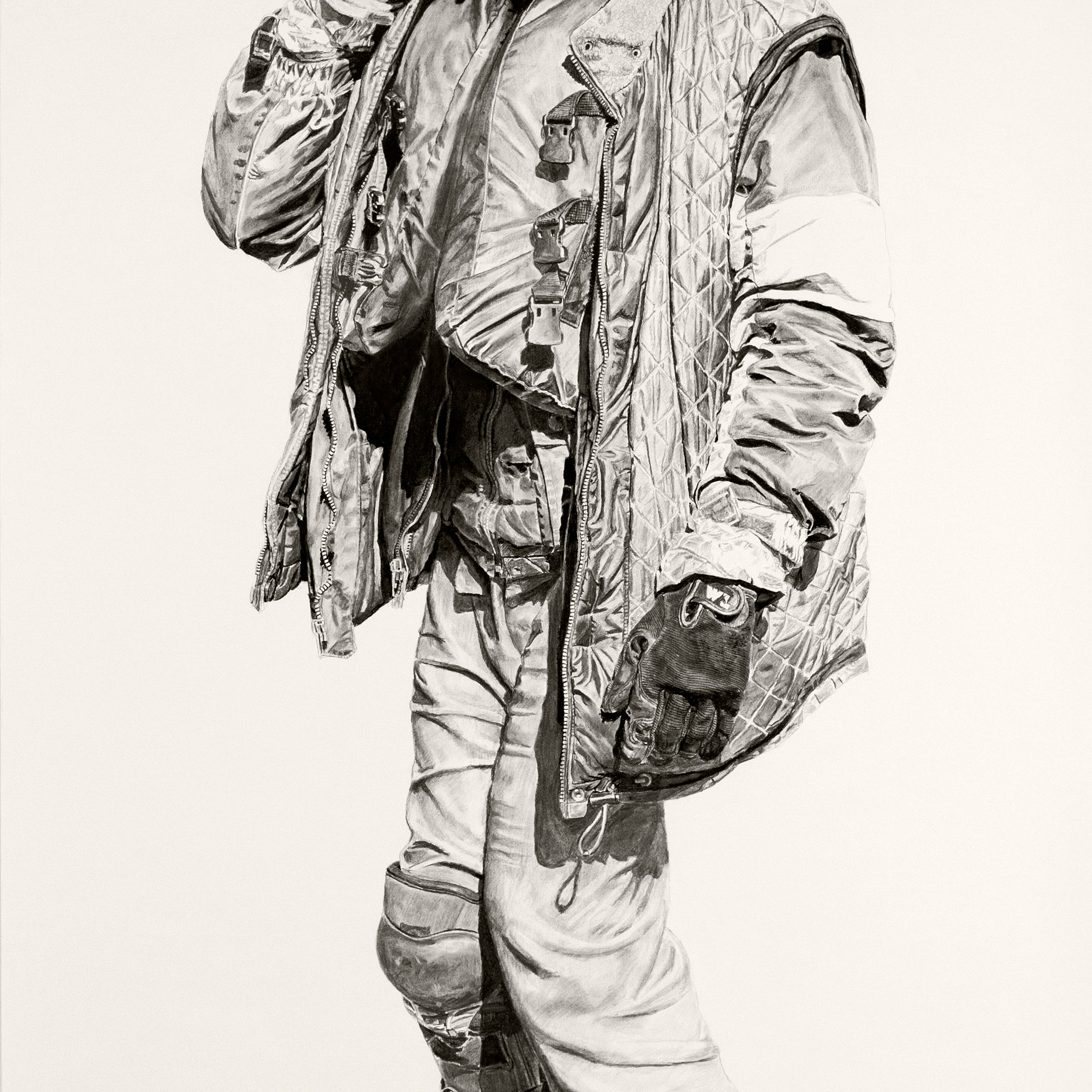 A black and white illustration in Joel Phillips style portrays a person in layered clothing—quilted jacket, jeans, boots, helmet with goggles, gloves—standing fully visible at a San Francisco art fair and holding something to their chin, possibly a cigarette.
