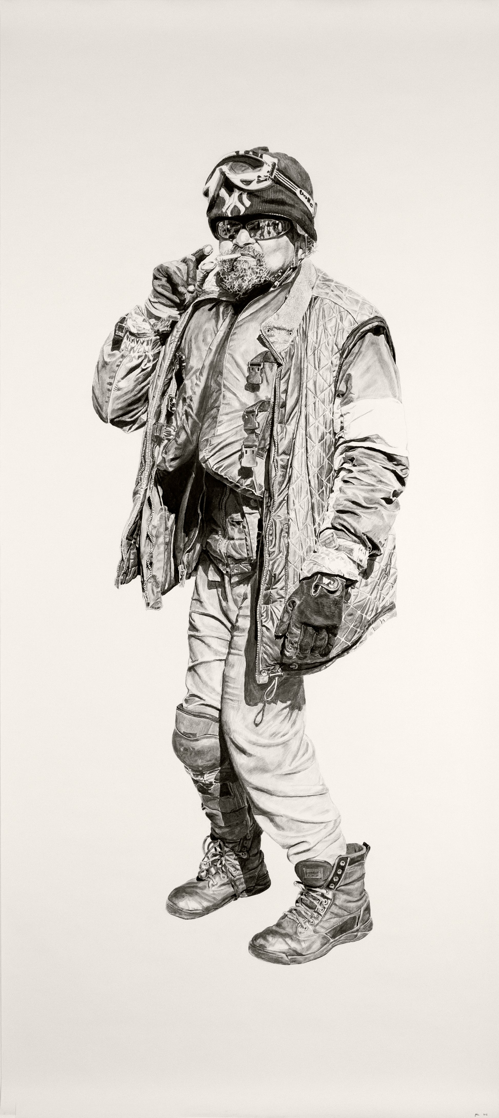A black and white illustration in Joel Phillips style portrays a person in layered clothing—quilted jacket, jeans, boots, helmet with goggles, gloves—standing fully visible at a San Francisco art fair and holding something to their chin, possibly a cigarette.