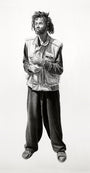 A Joel Phillips charcoal and graphite artwork depicts a bearded man with textured hair, wearing a denim vest over a long-sleeve shirt, loose pants, and sandals. He stands in a relaxed posture, one hand in his vest.