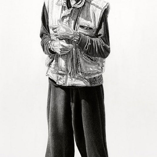A Joel Phillips charcoal and graphite artwork depicts a bearded man with textured hair, wearing a denim vest over a long-sleeve shirt, loose pants, and sandals. He stands in a relaxed posture, one hand in his vest.