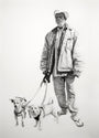 A grayscale drawing in the style of Joel Phillips shows a person with a slight smile, wearing a jacket and hat, alongside two small dogs on leashes. Created in charcoal and graphite, against a plain background, the dogs are depicted facing forward with curiosity.