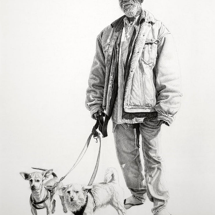 A grayscale drawing in the style of Joel Phillips shows a person with a slight smile, wearing a jacket and hat, alongside two small dogs on leashes. Created in charcoal and graphite, against a plain background, the dogs are depicted facing forward with curiosity.
