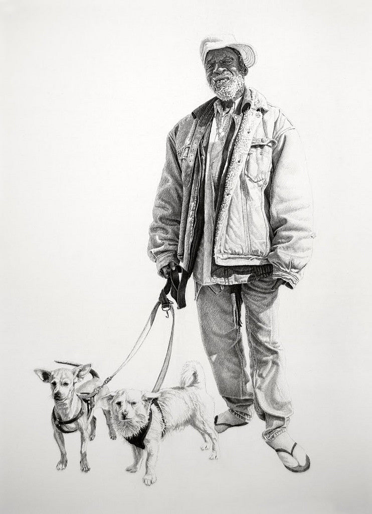 A grayscale drawing in the style of Joel Phillips shows a person with a slight smile, wearing a jacket and hat, alongside two small dogs on leashes. Created in charcoal and graphite, against a plain background, the dogs are depicted facing forward with curiosity.