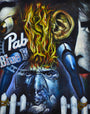 The surreal artwork features vivid colors with a burning head, intense flames, and a tearful face behind a white fence created in acrylic on panel. The text Pab Blue R on the left heightens the chaos as Frank Emerges from the Joemur brand’s tumultuous scene.