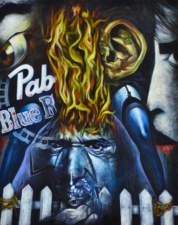 The surreal artwork features vivid colors with a burning head, intense flames, and a tearful face behind a white fence created in acrylic on panel. The text Pab Blue R on the left heightens the chaos as Frank Emerges from the Joemur brand’s tumultuous scene.