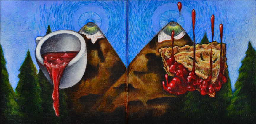 A surreal Joemur acrylic painting depicts two snow-capped peaks, one with a cup spilling red liquid and the other with cascading cherry pie. Pine trees are scattered across the foreground under a swirling blue sky, subtly featuring Frank among the clouds.