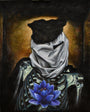 A skeletal figure with a cloth-covered head clutches a vibrant blue lotus against its ribcage, set against a dark, mysterious background. This surreal piece reflects Joemurs signature style, akin to his Elephant Man oil on canvas series.