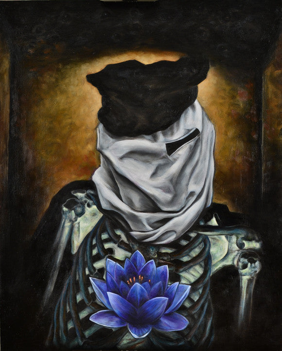 A skeletal figure with a cloth-covered head clutches a vibrant blue lotus against its ribcage, set against a dark, mysterious background. This surreal piece reflects Joemurs signature style, akin to his Elephant Man oil on canvas series.