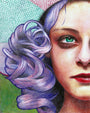 A portrait of a womans face with one visible green eye, purple curly hair, and red lips is set against an abstract background with contrasting colors blending from green to red. This vibrant piece celebrates The Film Foundations art, brought to life by Johannah ODonnell.