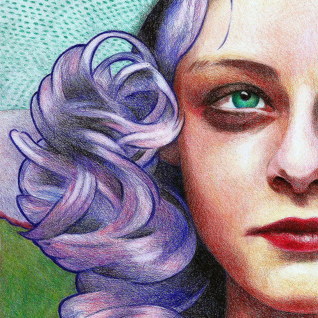 A portrait of a womans face with one visible green eye, purple curly hair, and red lips is set against an abstract background with contrasting colors blending from green to red. This vibrant piece celebrates The Film Foundations art, brought to life by Johannah ODonnell.