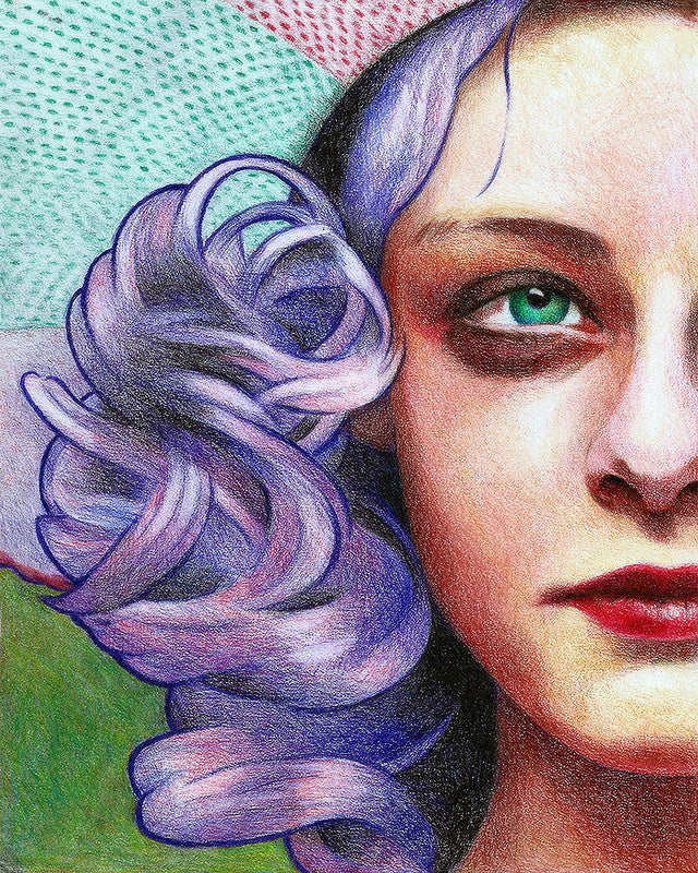 A portrait of a womans face with one visible green eye, purple curly hair, and red lips is set against an abstract background with contrasting colors blending from green to red. This vibrant piece celebrates The Film Foundations art, brought to life by Johannah ODonnell.
