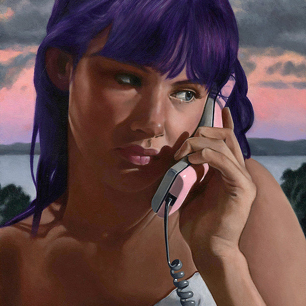 A woman with purple hair holds a pink corded phone by Johannah ODonnell to her ear, gazing thoughtfully into the distance against a Martin Scorsese tribute-like sunset sky, with clouds and hints of water or landscape below.