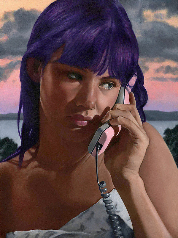 A woman with purple hair holds a pink corded phone by Johannah ODonnell to her ear, gazing thoughtfully into the distance against a Martin Scorsese tribute-like sunset sky, with clouds and hints of water or landscape below.