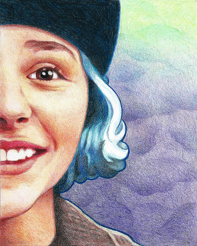 Fan art by Johannah ODonnell features a one-eyed person with wavy blue hair and a black beanie, smiling. The background displays a vibrant gradient of blue, green, and purple hues, reflecting the lively spirit celebrated in Spoke Art gallerys exhibitions.