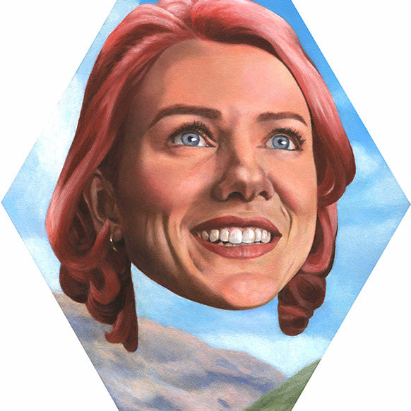 Silencio, an acrylic on wood by Johannah ODonnell, features a surreal diamond-shaped design with a smiling woman’s floating head with pink hair set against blue sky and hills.